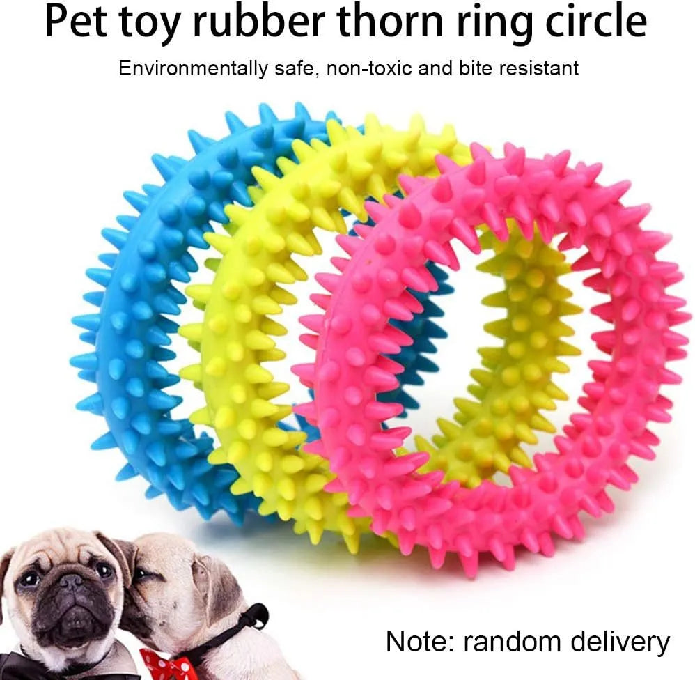 9.5cm TPR spiky circle ring dog chew toy in blue with dental cleaning nubs