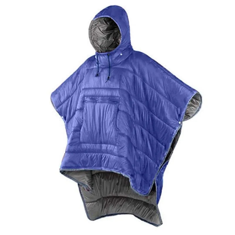 Outdoor cloak sleeping bag convertible between wearable cape and 200x140cm flat blanket configurations