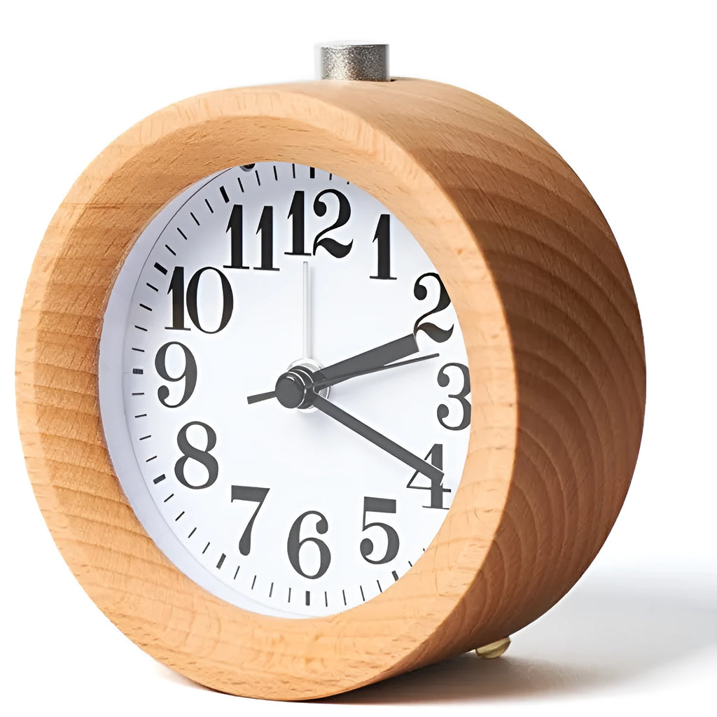Solid beech wood circular alarm clock with silent snooze function measuring 9.5cm in diameter