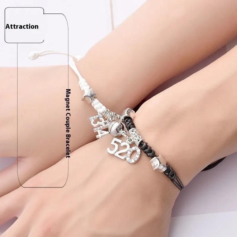 Pair of adjustable alloy bracelets with magnetic clasp showing detailed design of Crown and Clover styles