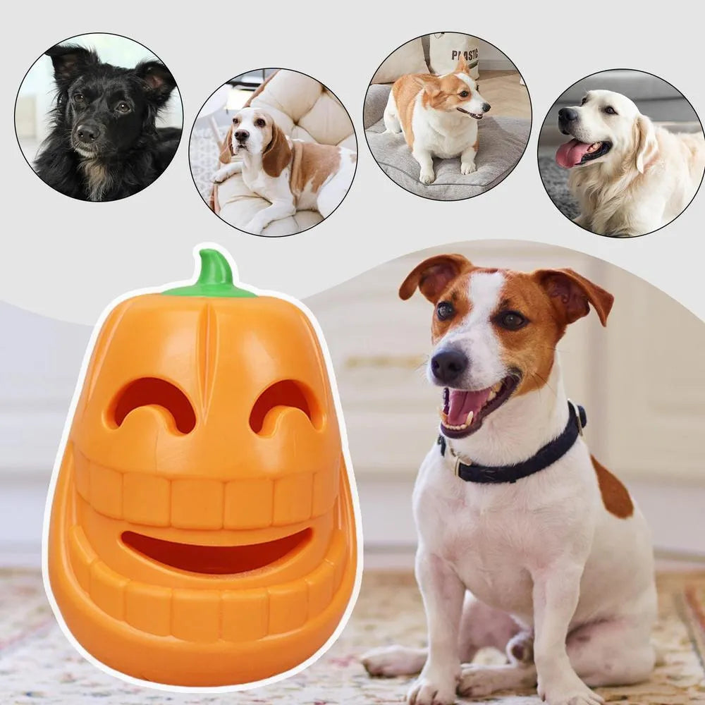 Yellow pumpkin-shaped TPR dog chew toy for aggressive chewers measuring 8.6x11.5 cm