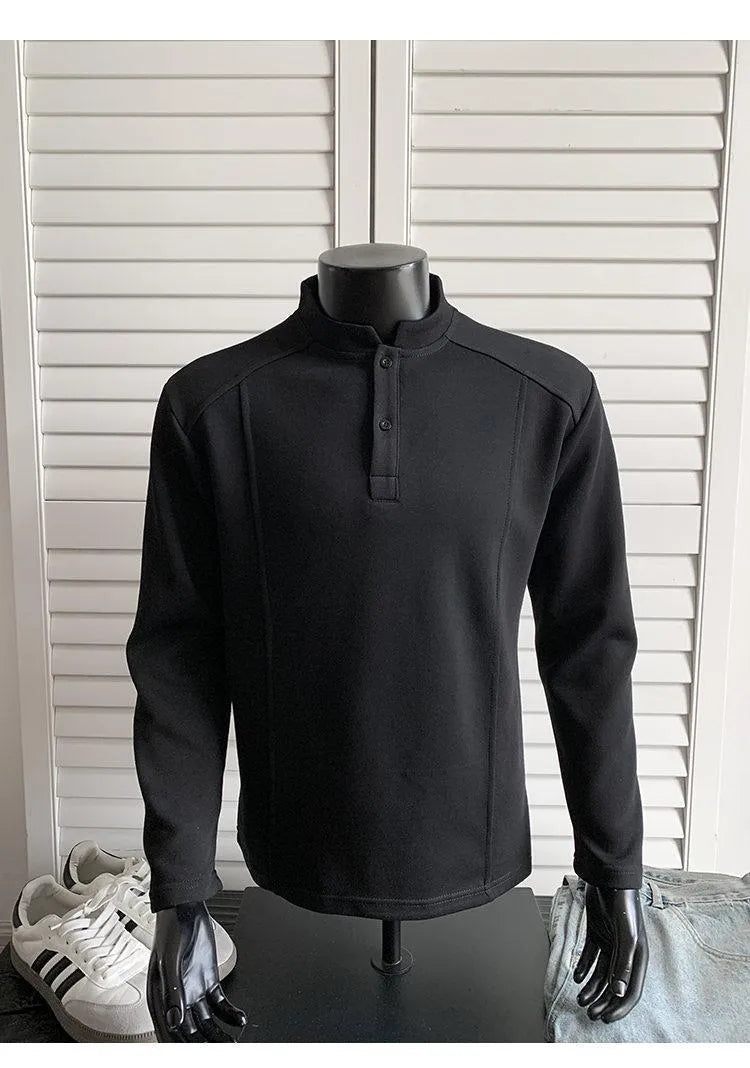 Men's asymmetric patchwork polo shirt with stand-up collar in Chinese cotton, showing loose fit and long sleeves