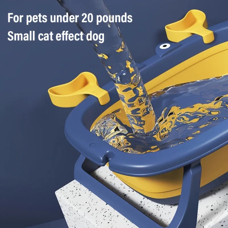 Blue foldable plastic pet bathing tub for small dogs and cats, shown in use and folded for storage.