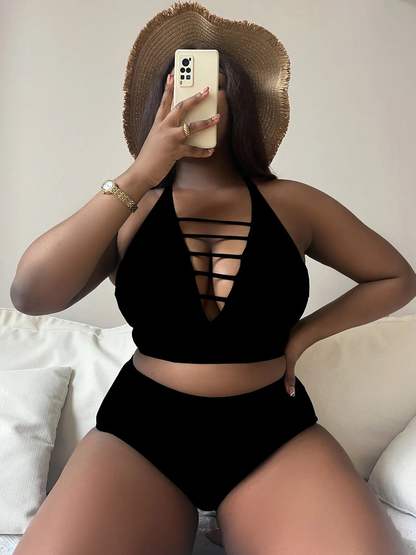 Plus size adjustable halter bikini with high-waist briefs in black, showing backless design and cross shoulder straps