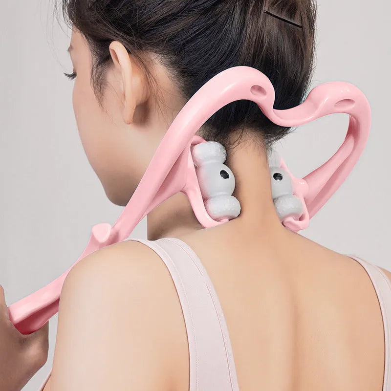 Blue handheld neck massager roller with acupressure nodes shown on a grey background.