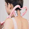 Blue handheld neck massager roller with acupressure nodes shown on a grey background.