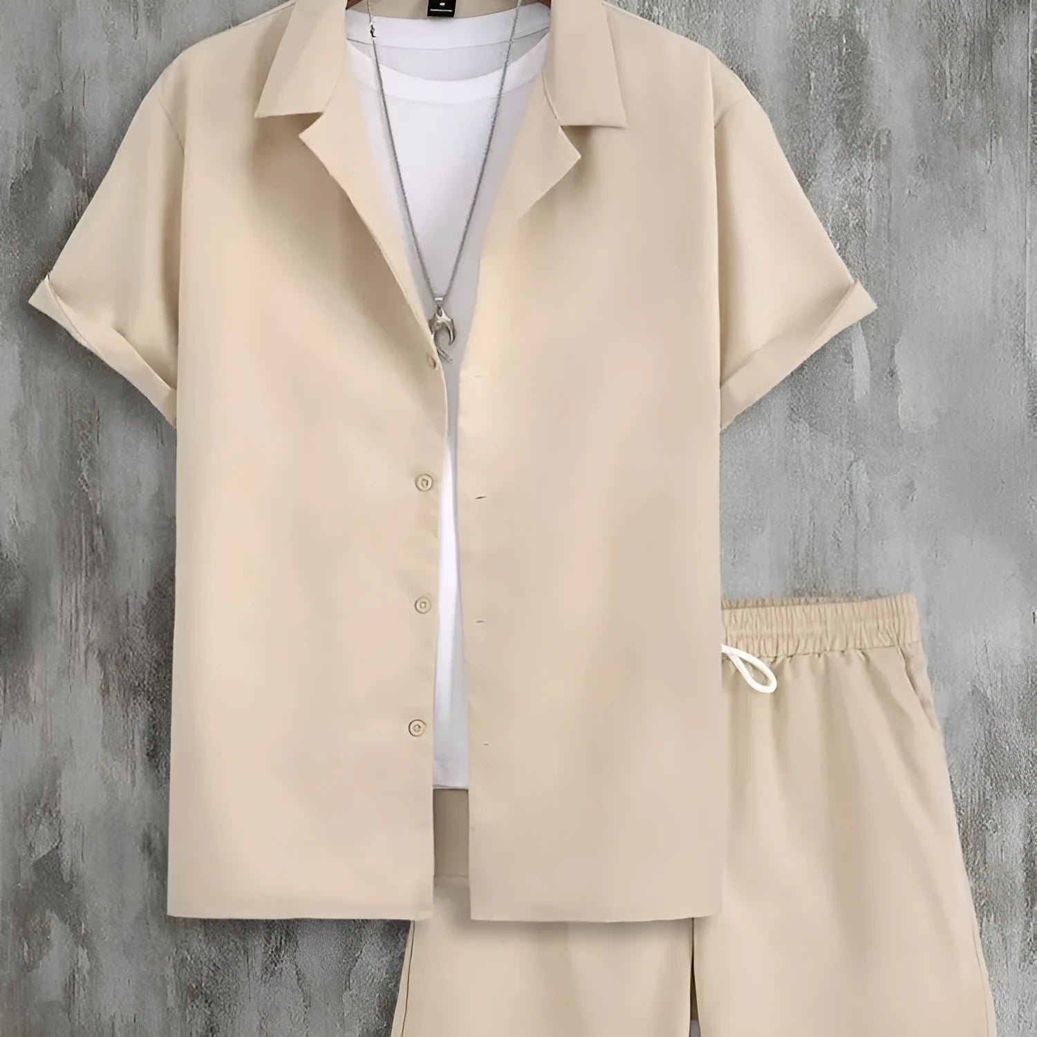 Men's light grey short sleeve Cuban collar shirt and matching shorts sport suit set
