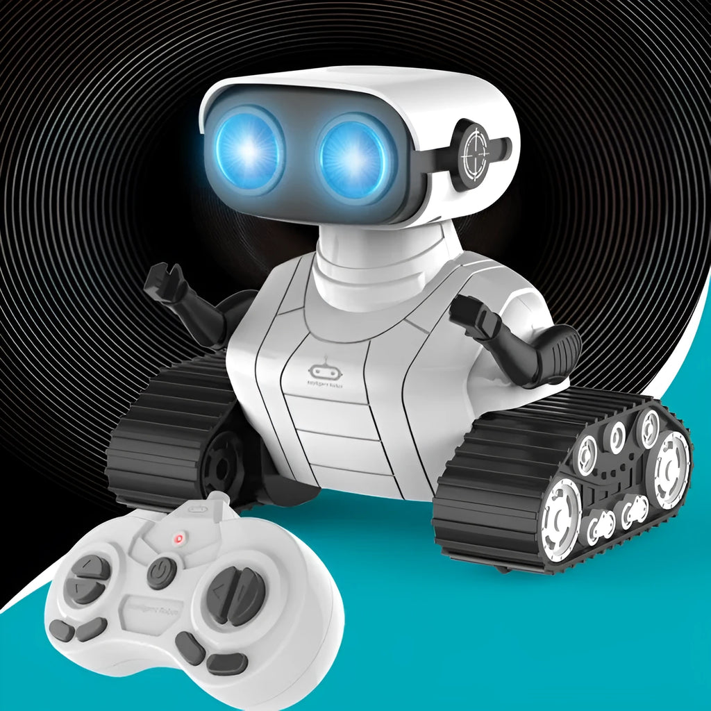 White plastic USB rechargeable remote control robot toy for children with handle remote, sound and light dancing, ages 7-14.