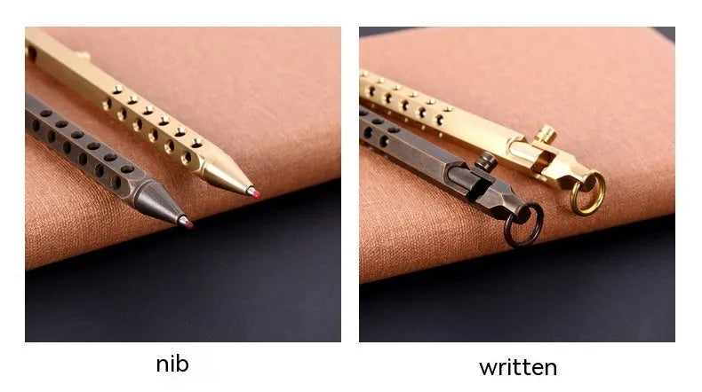 Brass hexagonal bolt roller pen with 0.5mm tip, 13cm length, and retro black refill option.