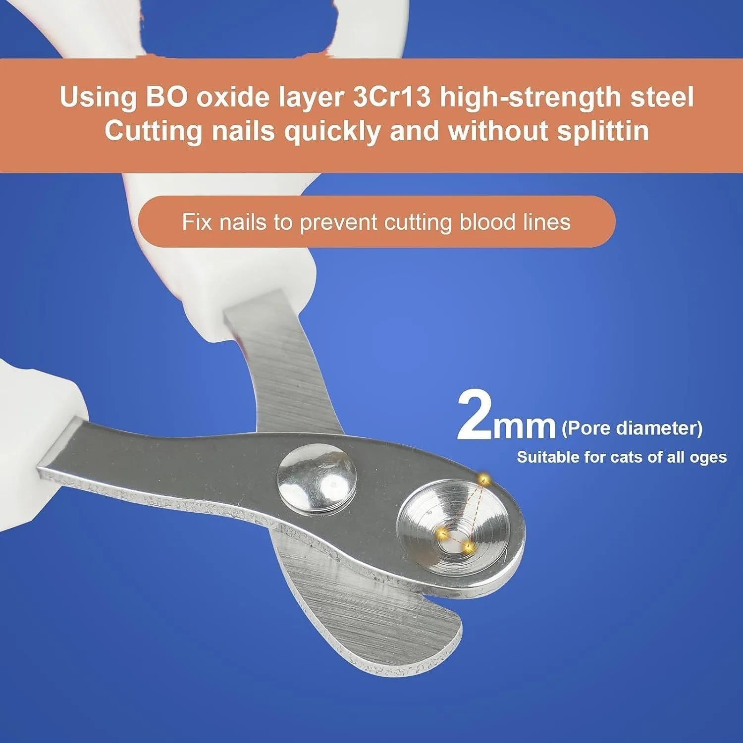 Blue cat nail clippers with circular hole and cushioned handles for trimming pet nails