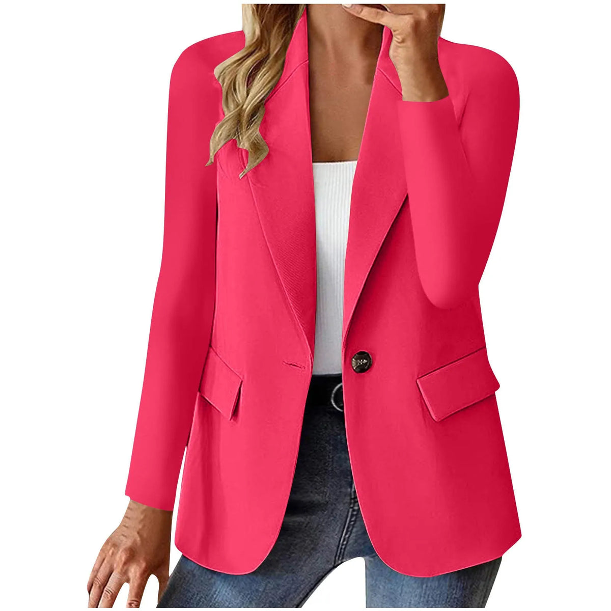 Women's long sleeve solid colour cardigan small suit jacket, slim fit with pocket, in dark red, black, grey or blue
