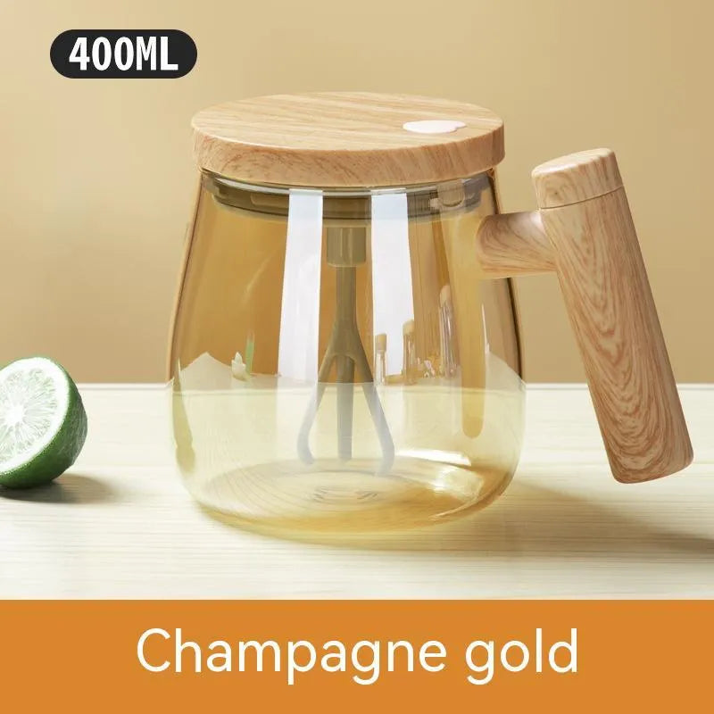 400ml clear borosilicate glass electric self-stirring coffee mug with mixing button.