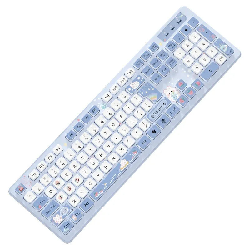 Milk tea rabbit cute chocolate keyboard in strawberry powder, ice blue, purple, green, or Iris tectorum Blue, wired or wireless.