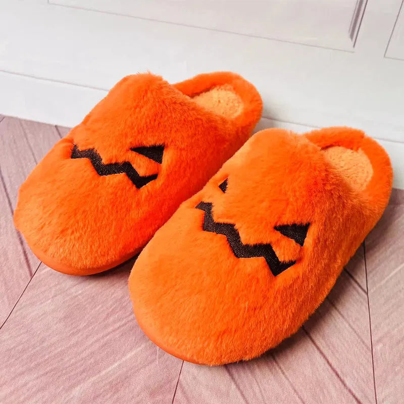Orange pumpkin slippers with plush lining and non-slip PVC soles in UK sizes 36-43