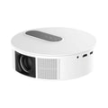 White HD home theatre projector with remote control on table, showing 720p resolution and 200LM brightness for bedroom viewing