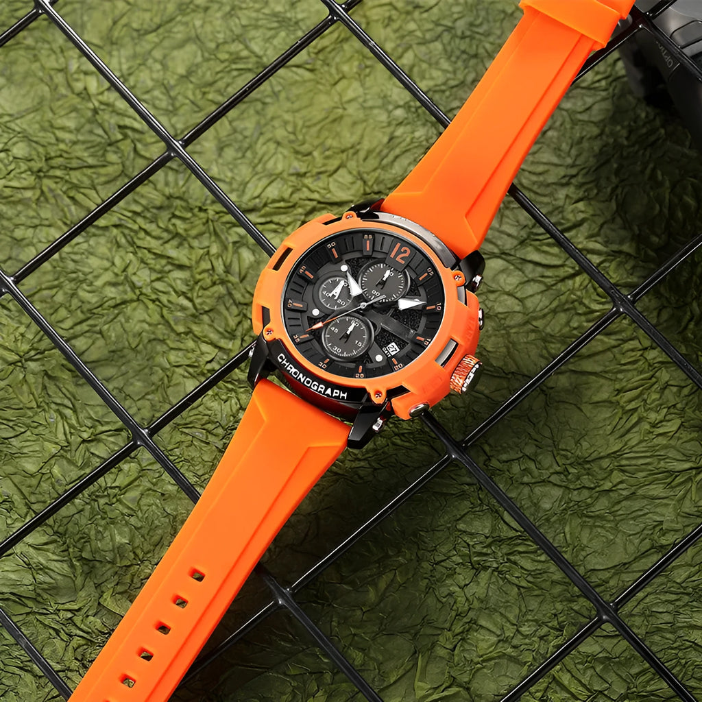 Men's digital quartz watch with a 51mm case, showing luminous display and calendar function, on a coloured band.