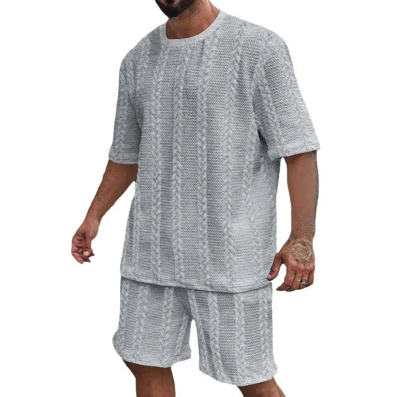 Knitted jacquard summer casual set with round neck pullover top and matching shorts in light grey colour