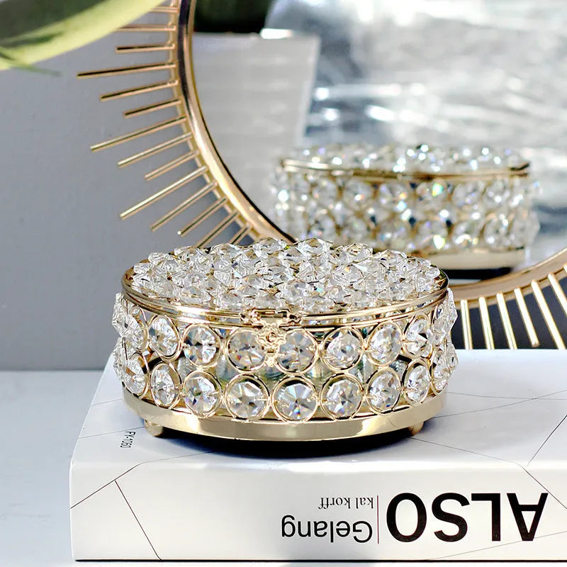 French gold jewellery box with crystal glass lid showing interior, measuring 15cm wide