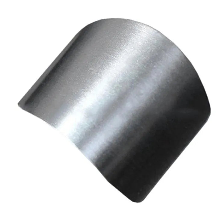 Stainless steel finger guard for kitchen safety shown in single and double finger sizes on a cutting board.