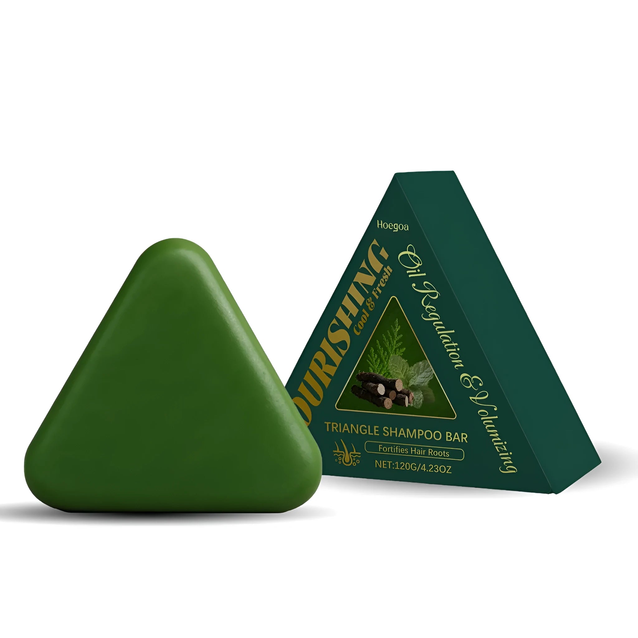 Triangle-shaped solid shampoo bar with botanical extracts weighing 120g