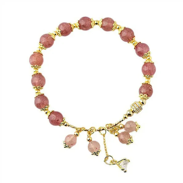 Pink strawberry quartz crystal heart bracelet with pearl beads for women