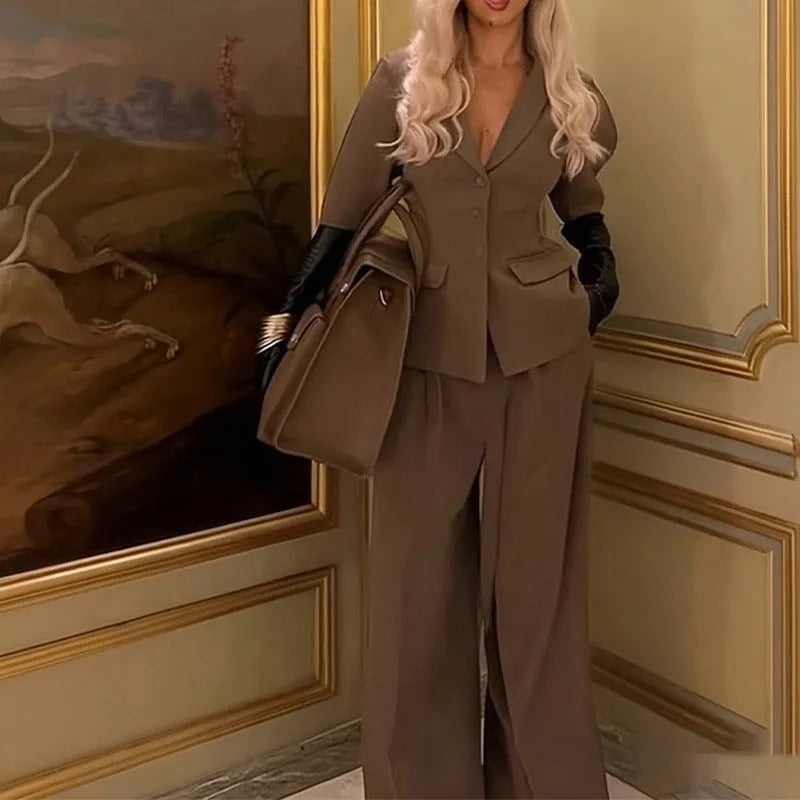 Brown polyester slim fit waist suit with trousers, showing long sleeves and tailored silhouette
