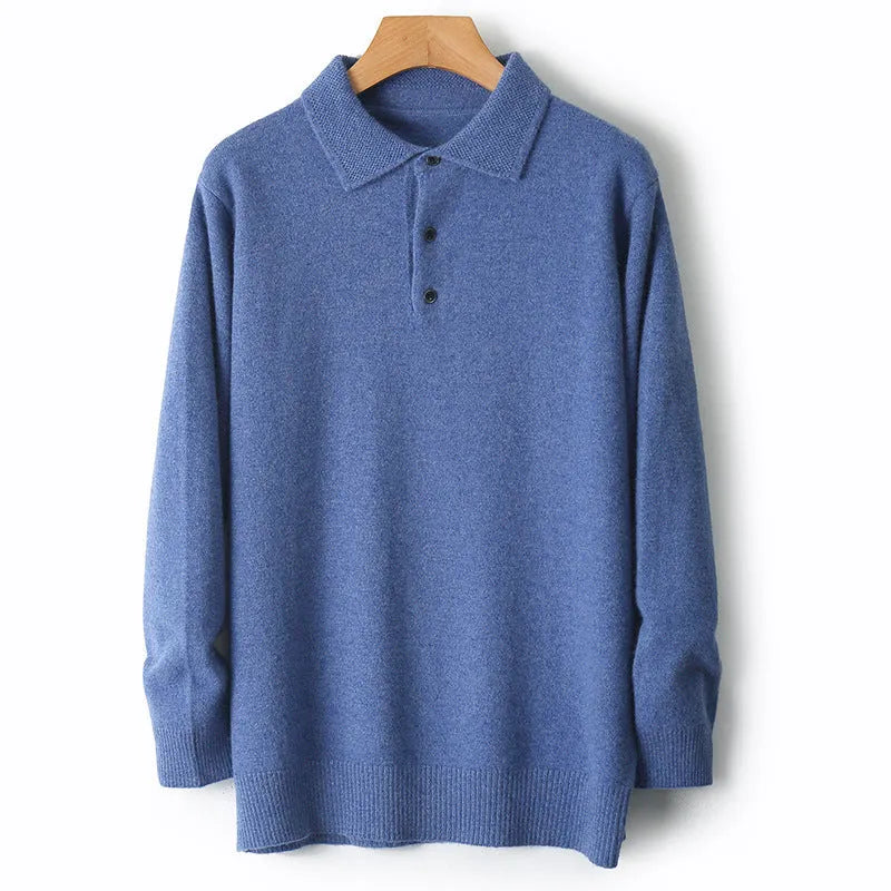 Men's wool sweater with polo collar and long sleeves in collage stitching design, available in seven colours including noble blue