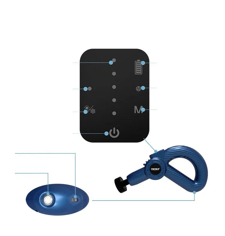 Black Smart Muscle Massage Gun with adjustable hot and ice compress modes, five massage heads, and compact design