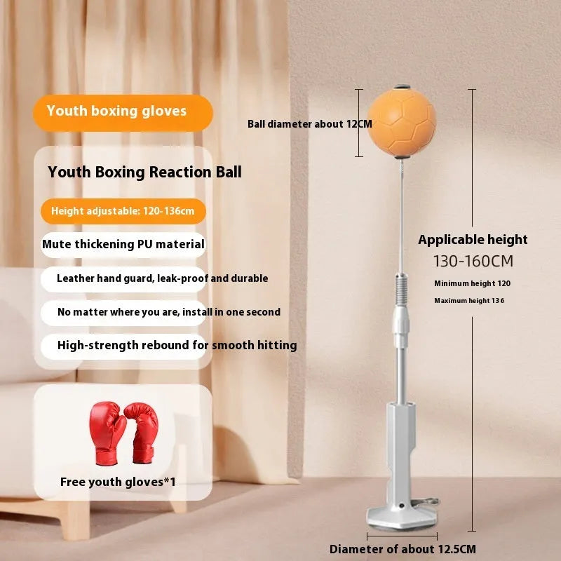 Vertical boxing reaction speed ball with attached focus mitts, shown in grey and orange colour options for youth and adult use.