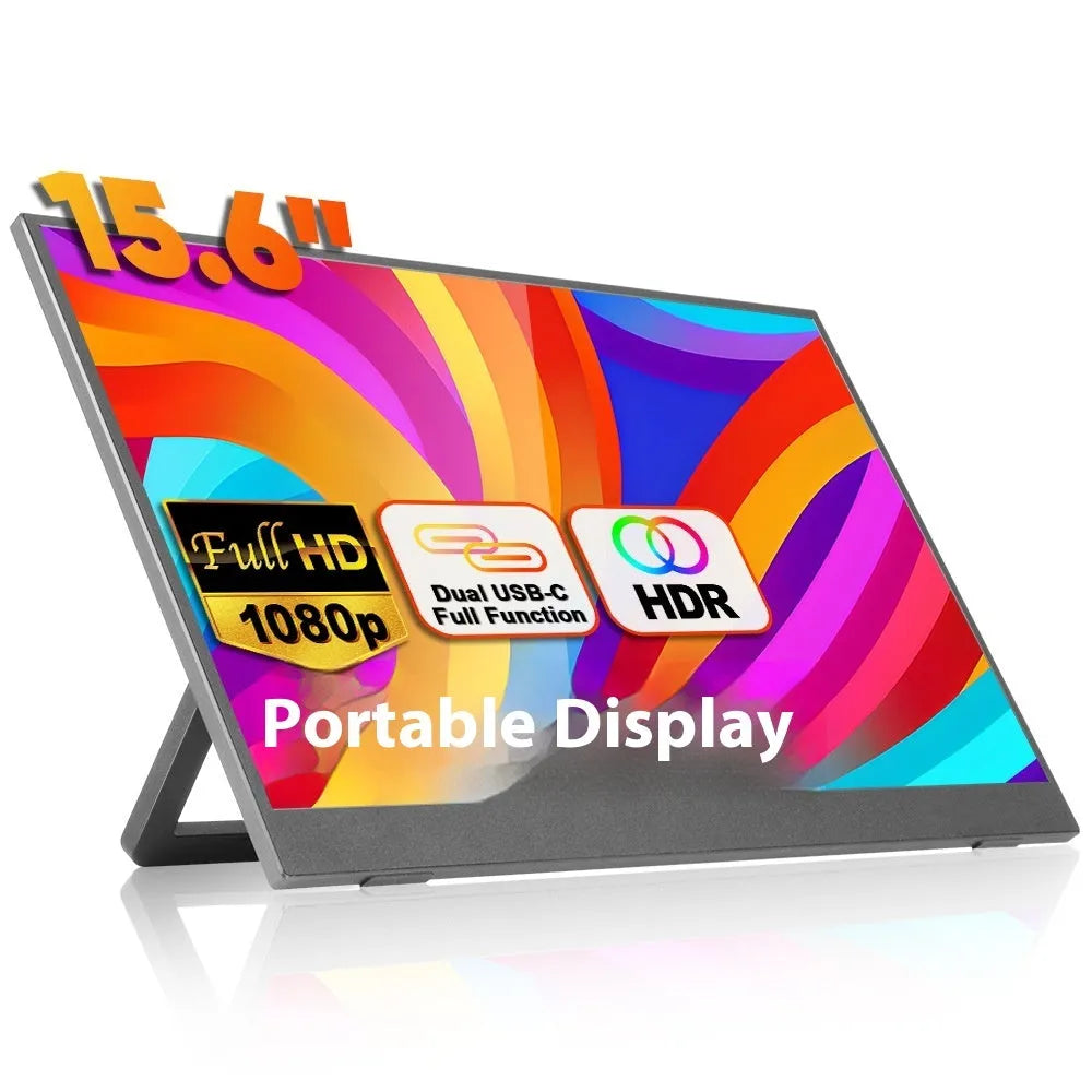 Black 15.6-inch portable computer monitor with adjustable stand showing spreadsheet display