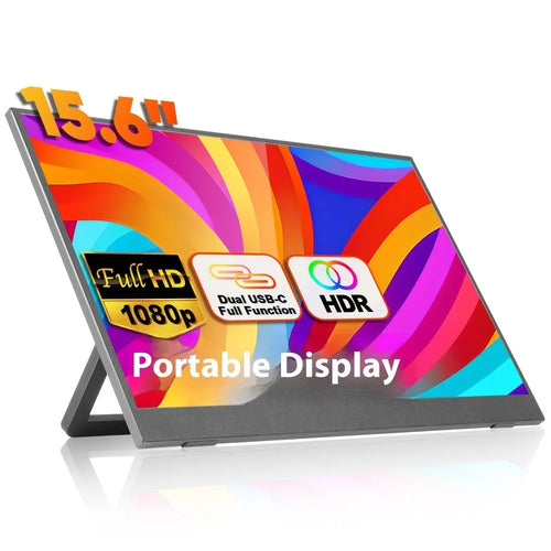 Black 15.6-inch portable computer monitor with adjustable stand showing spreadsheet display