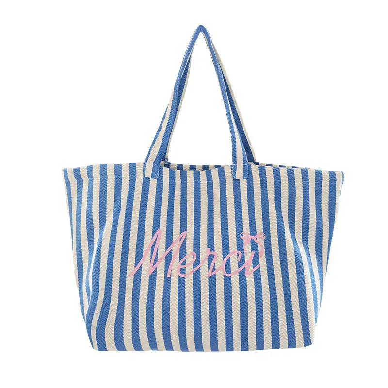 Blue striped letters printed cotton canvas bag with pink, blue and white striped design