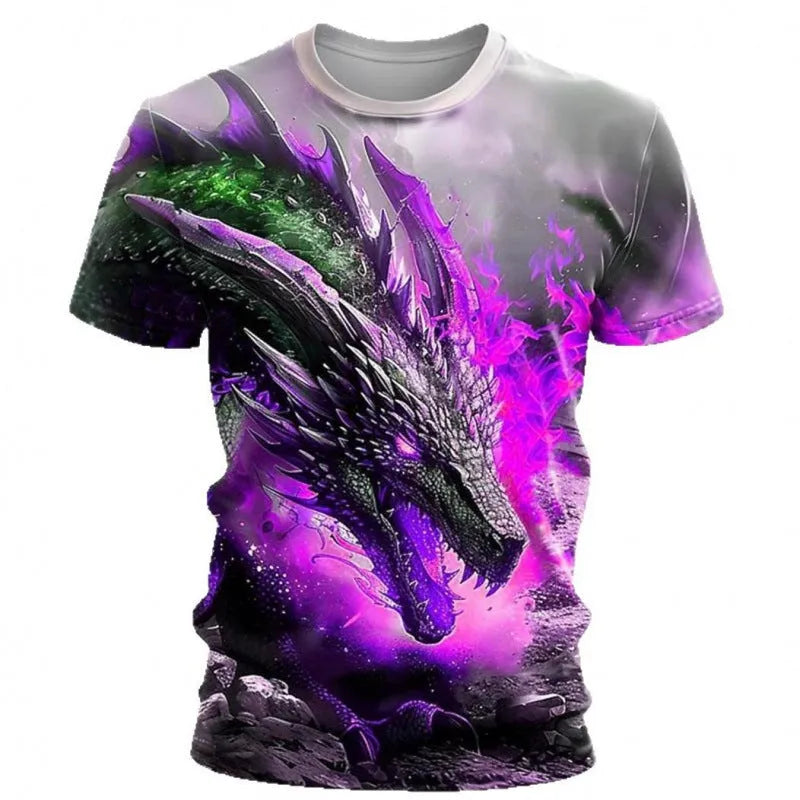 Men's 3D wind dragon printed short-sleeved T-shirt in milk silk fabric, sizes S to 5XL