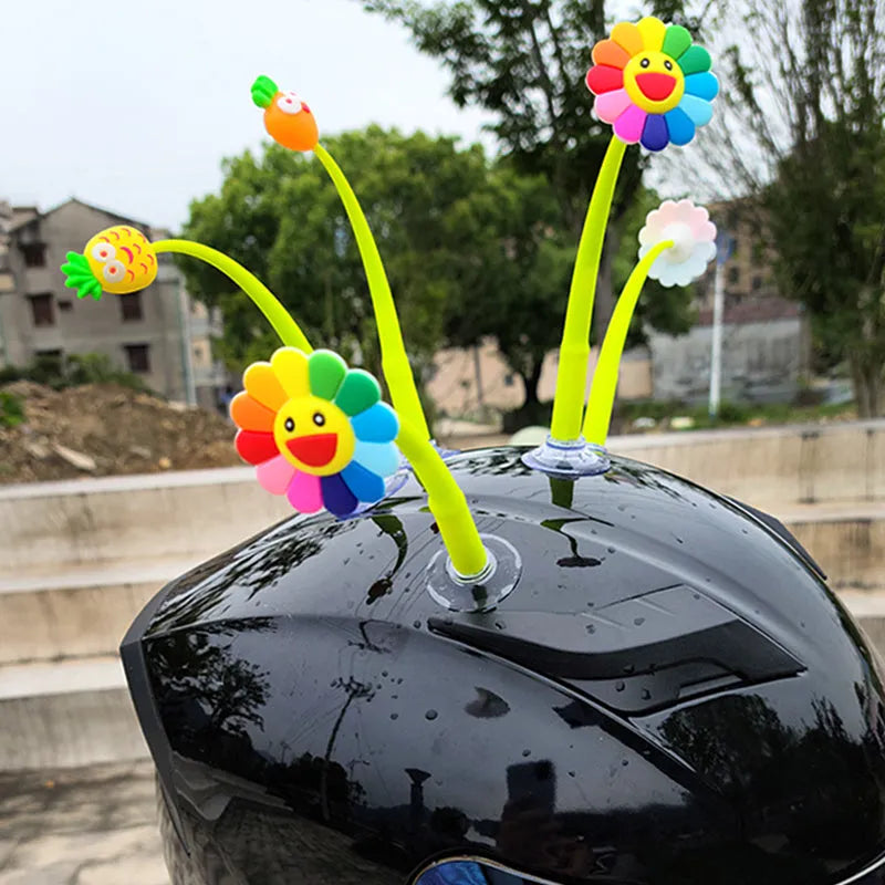 Yellow silicone sunflower helmet decoration with green stem and 3cm suction cup attachment