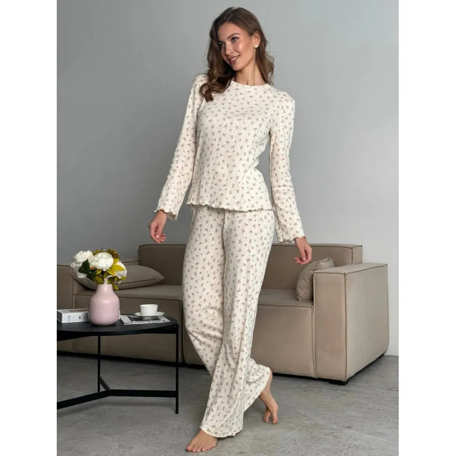 Women's white floral print bell sleeve top and wide leg trousers set for casual and home wear