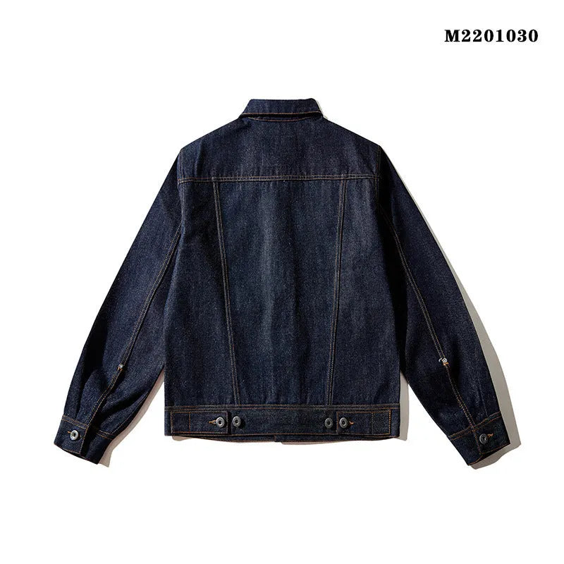 Men's raw pulp colour Japanese-style loose cotton jacket with red edge detailing and patch pockets.