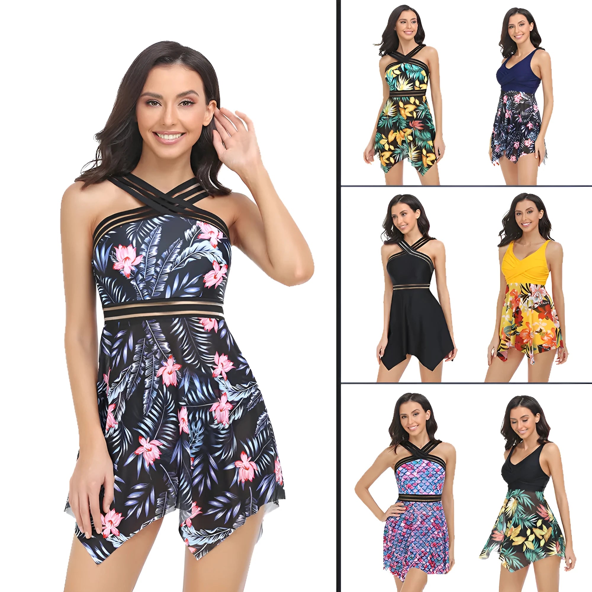 Women's black one-piece swimsuit with a sheer tulle skirt and high-leg split.