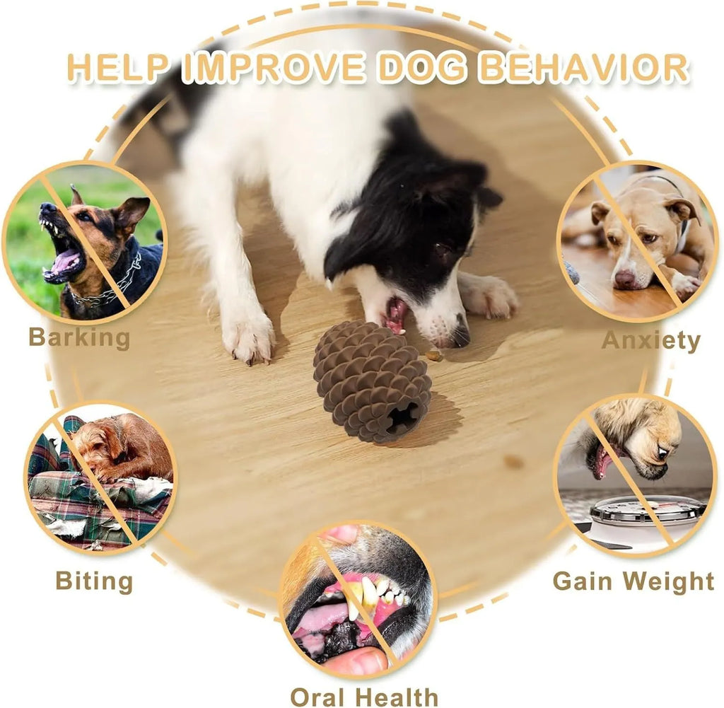 Pine cone-shaped yellow dog toy with treat dispenser, natural rubber, for medium to large dogs