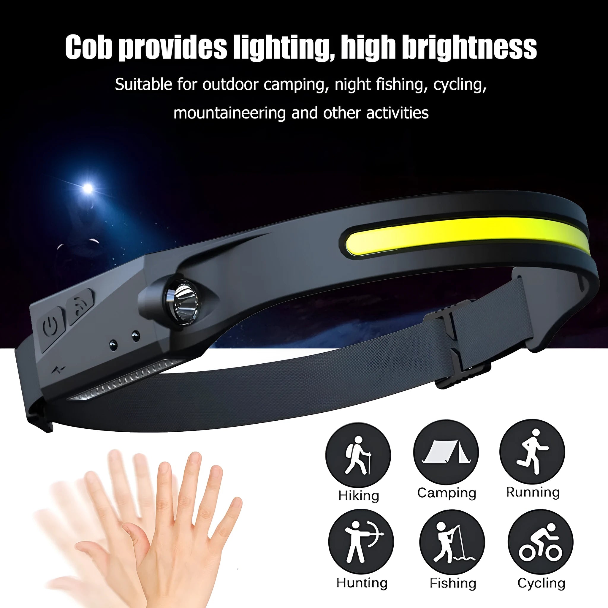 Black silicone USB rechargeable headlamp with a wide LED beam and side wave sensor for outdoor use.
