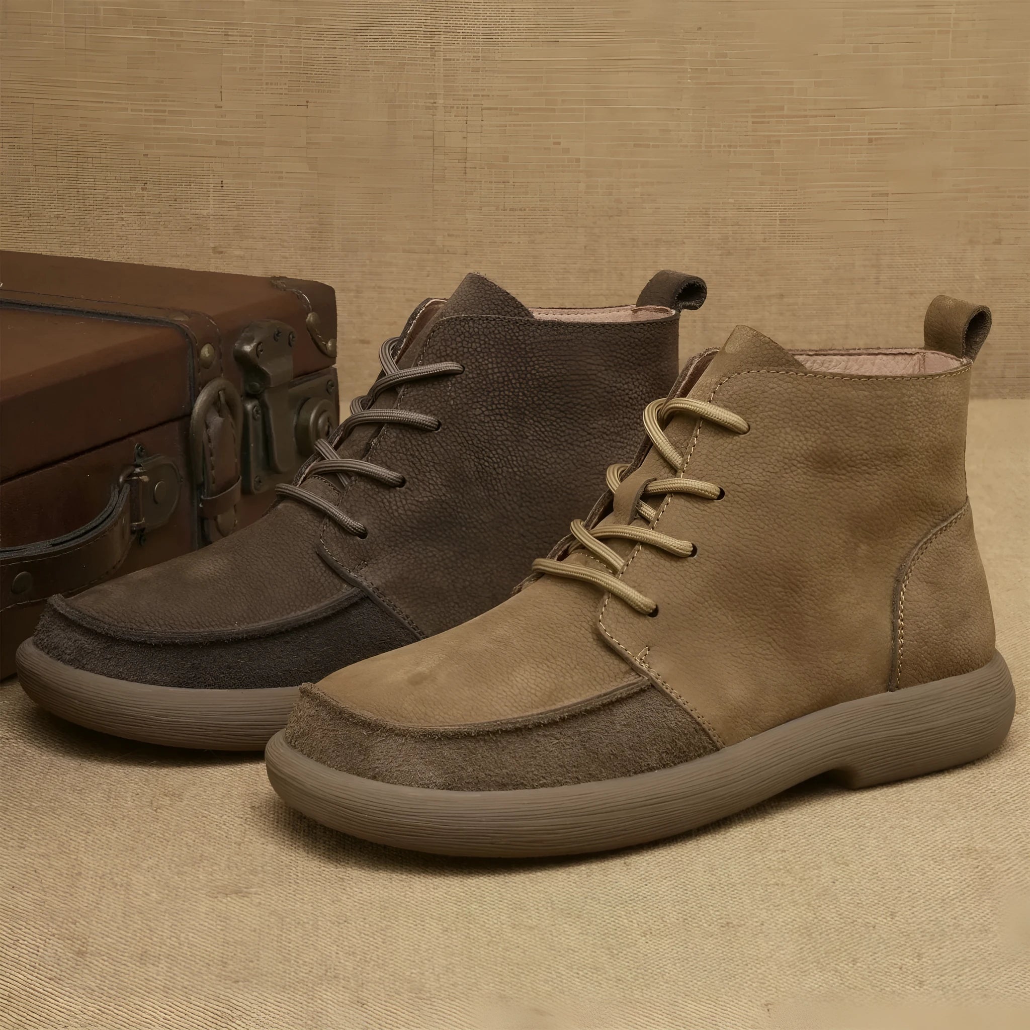 Men's grey frosted leather Martin boots with wedge heel and lace-up front.