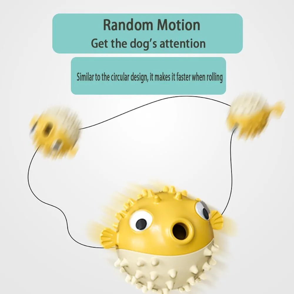 Green fish-shaped interactive dog toy with treat dispensing feature and dental cleaning particles