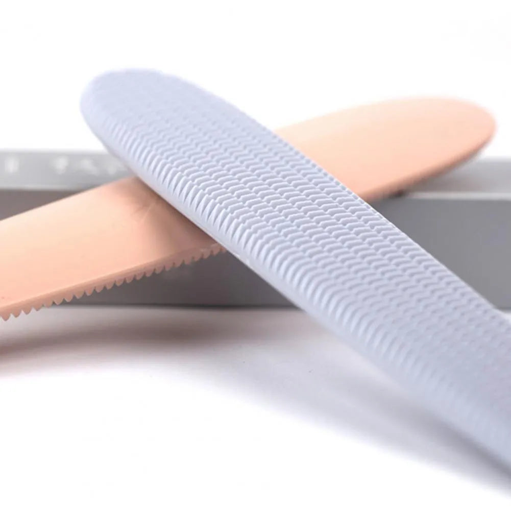 Grey and pink ABS cat grooming comb with tongue massager design and dual-width ends for pet hair removal