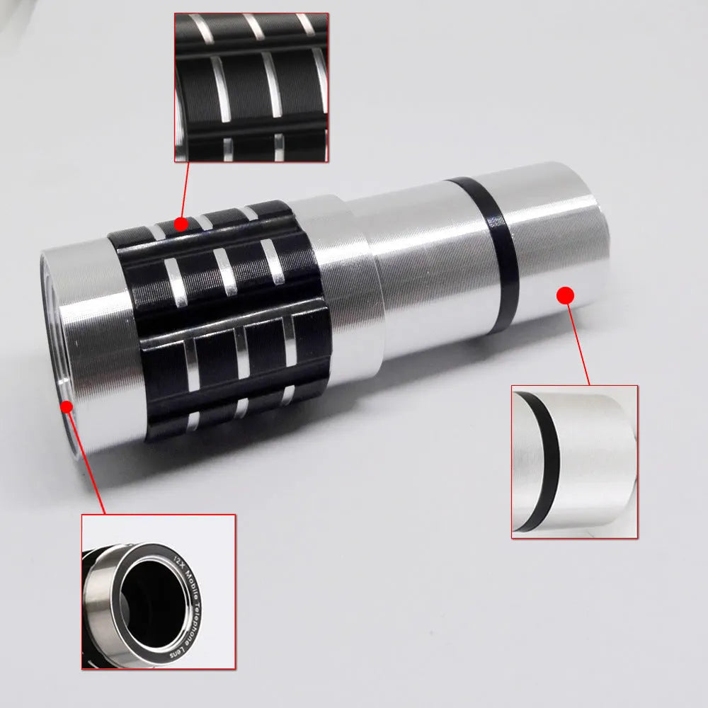 12x telescopic lens attached to mobile phone showing extended and collapsed positions with universal collar clip
