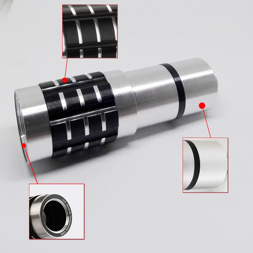 12x telescopic lens attached to mobile phone showing extended and collapsed positions with universal collar clip