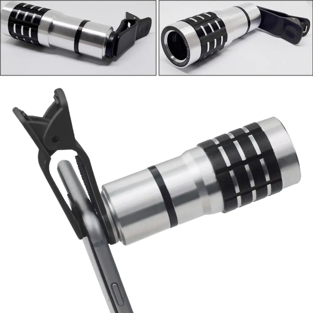 12x telescopic lens attached to mobile phone showing extended and collapsed positions with universal collar clip