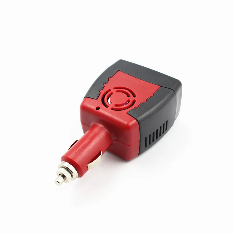 Black and red 150W car power inverter with AC and USB outputs for vehicle use