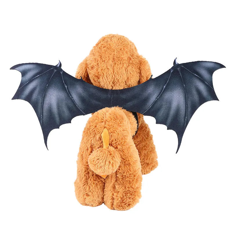 Black cloth bat wings for pets in three sizes: 64cm large, 55cm medium, 40cm small, attached to a dog’s harness