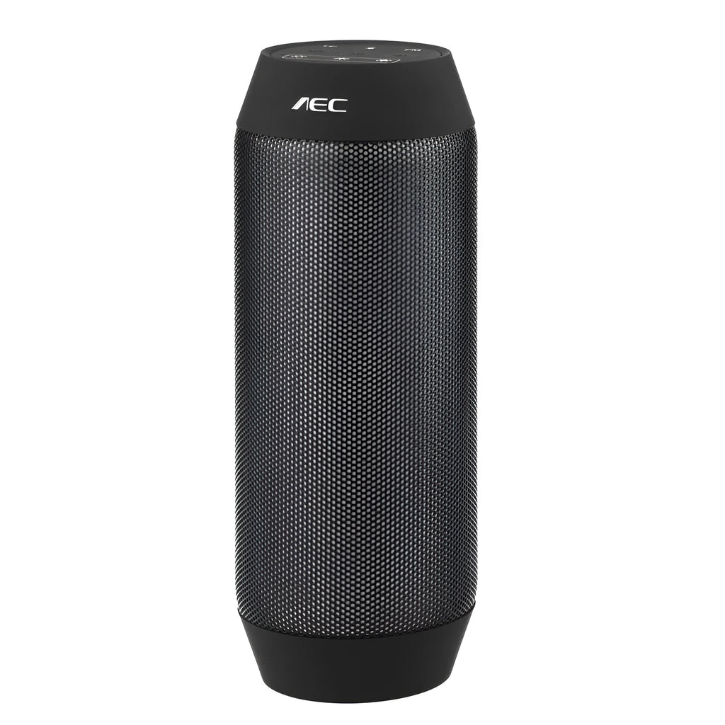 Mini black Bluetooth stereo speaker with colourful LED lights showing 360° sound design