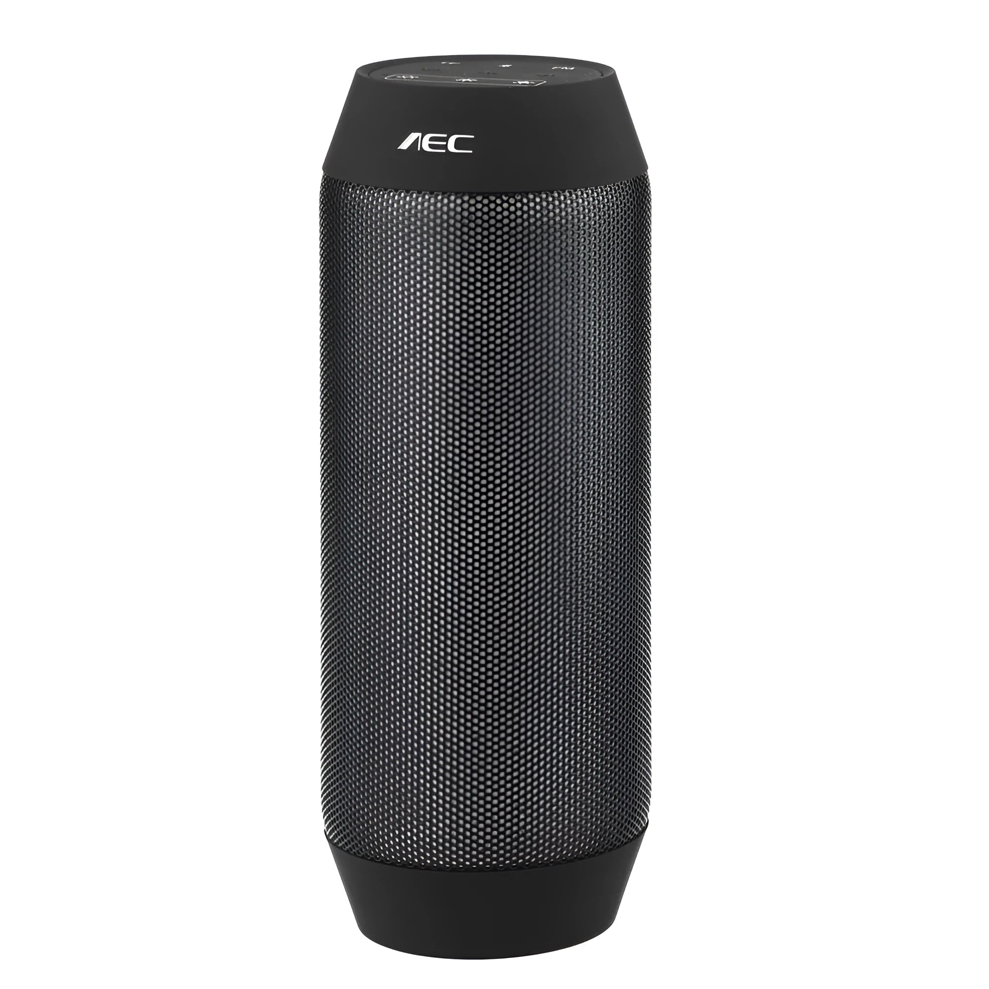 Mini black Bluetooth stereo speaker with colourful LED lights showing 360° sound design