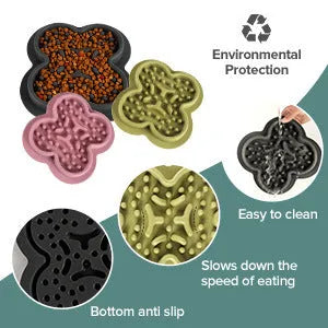 Silicone pet licking pad measuring 19cm by 21cm with non-slip base in various colour options
